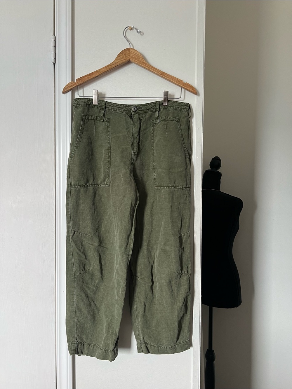 Anthropologie Linen Blend Utility Cargo Pants Olive Green Size 29 - Picture 2 of 6
